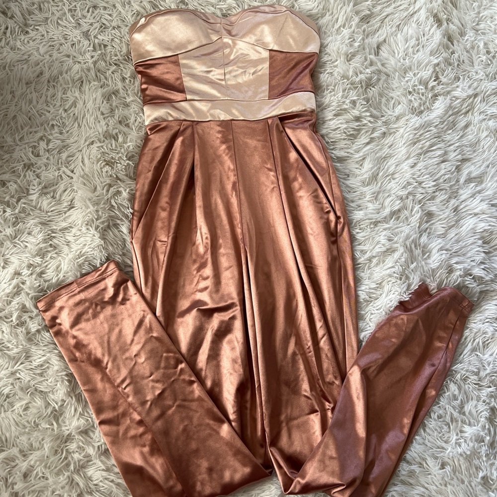 Crystal Doll Rose Gold Strapless Satin Jumpsuit Size 3
